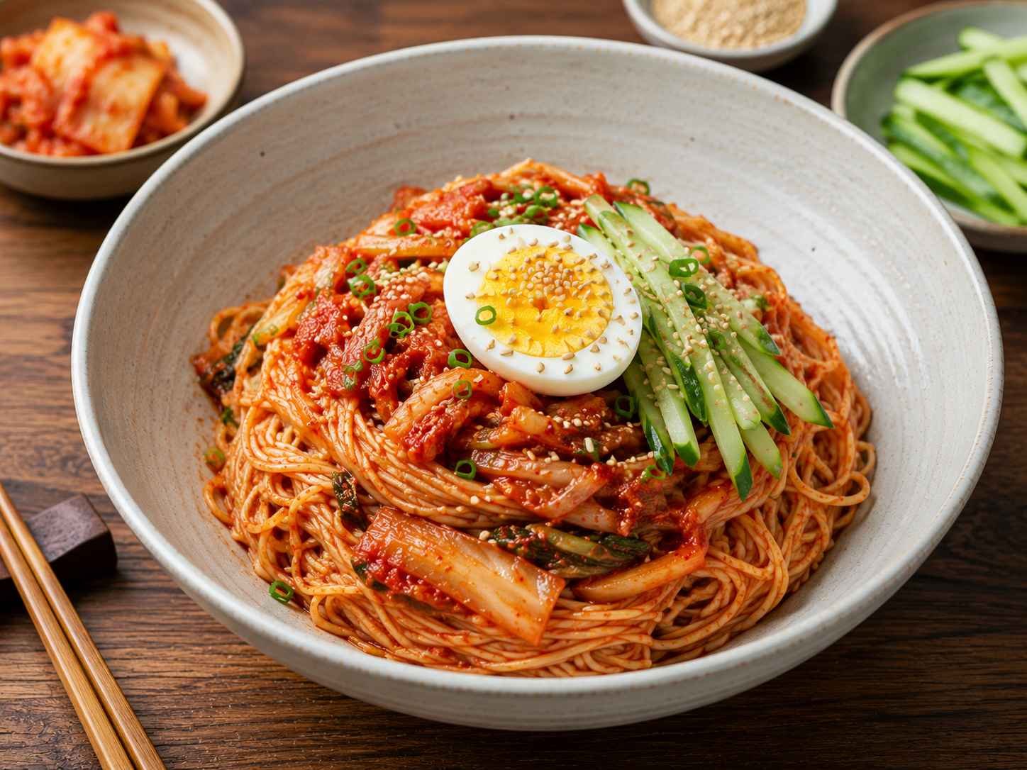Bibim guksu, cold spicy Korean noodles with kimchi, cucumber, and egg