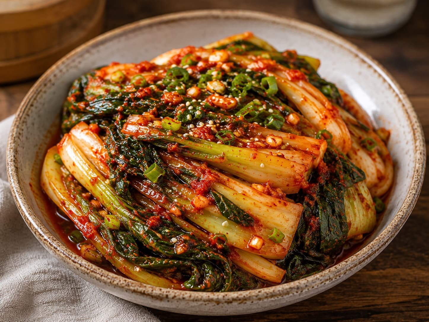 Bowl of spicy Korean bok choy kimchi coated in gochugaru paste