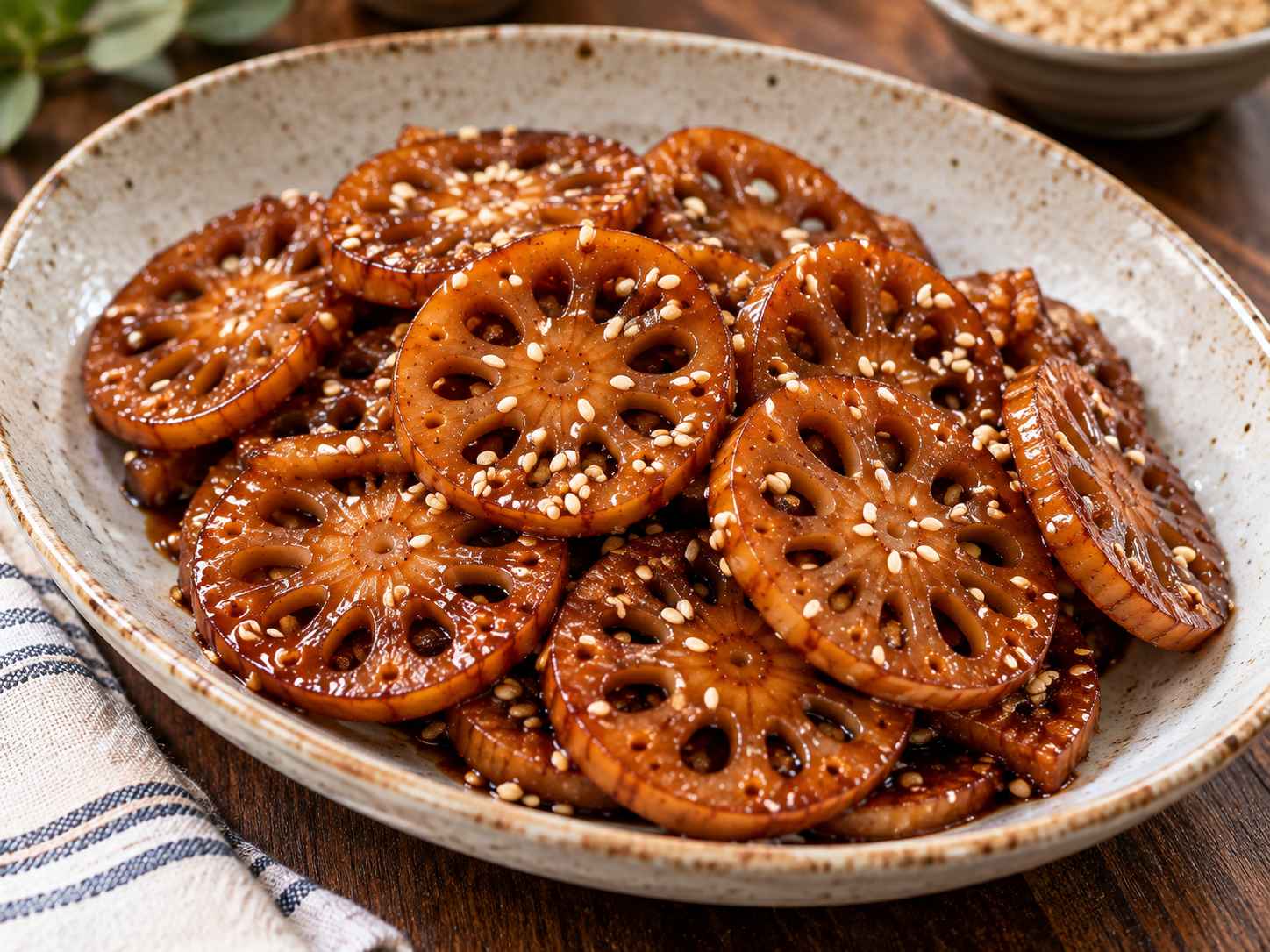 Korean braised lotus root (Yeongeun Jorim) glazed in a glossy sweet-savory soy sauce with toasted sesame seeds