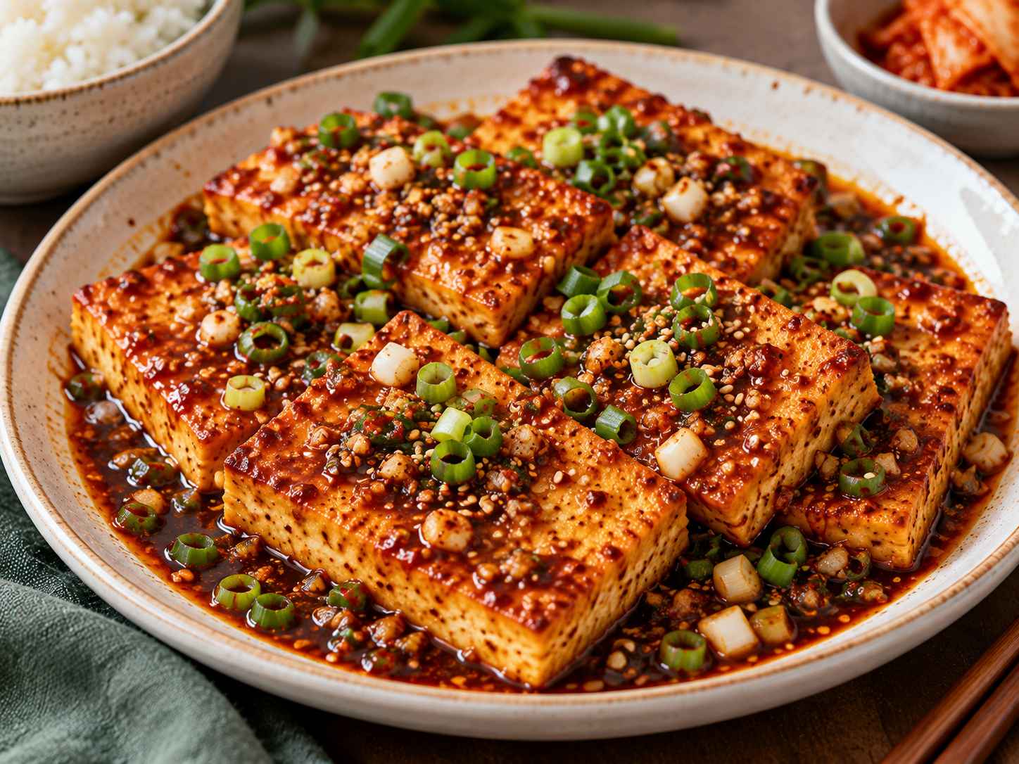 Korean braised tofu dubu jorim slices glazed with soy sauce, gochugaru, garlic, green onion, and sesame seeds