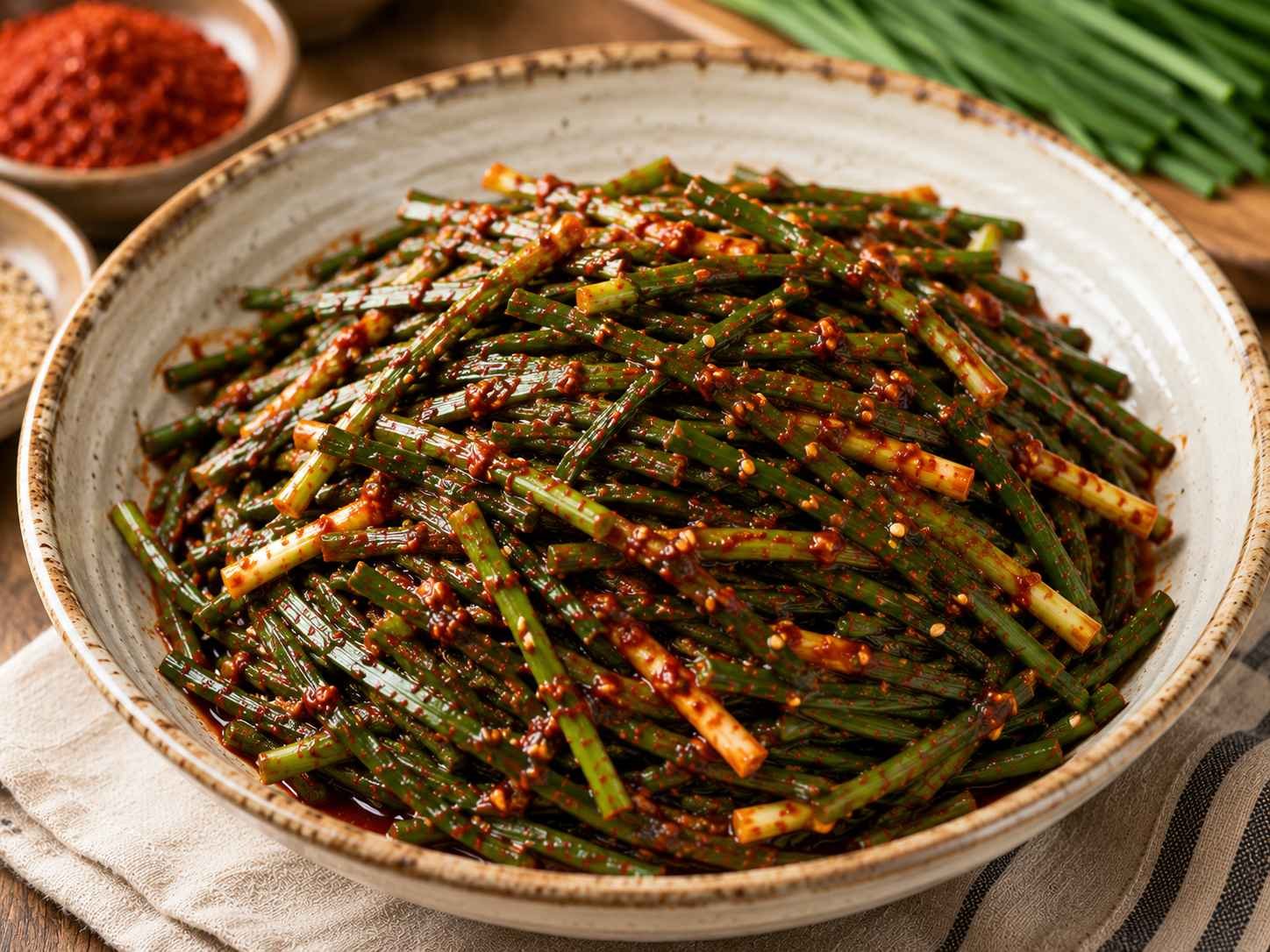 Chive kimchi (buchu kimchi), garlic chives coated in red gochugaru paste