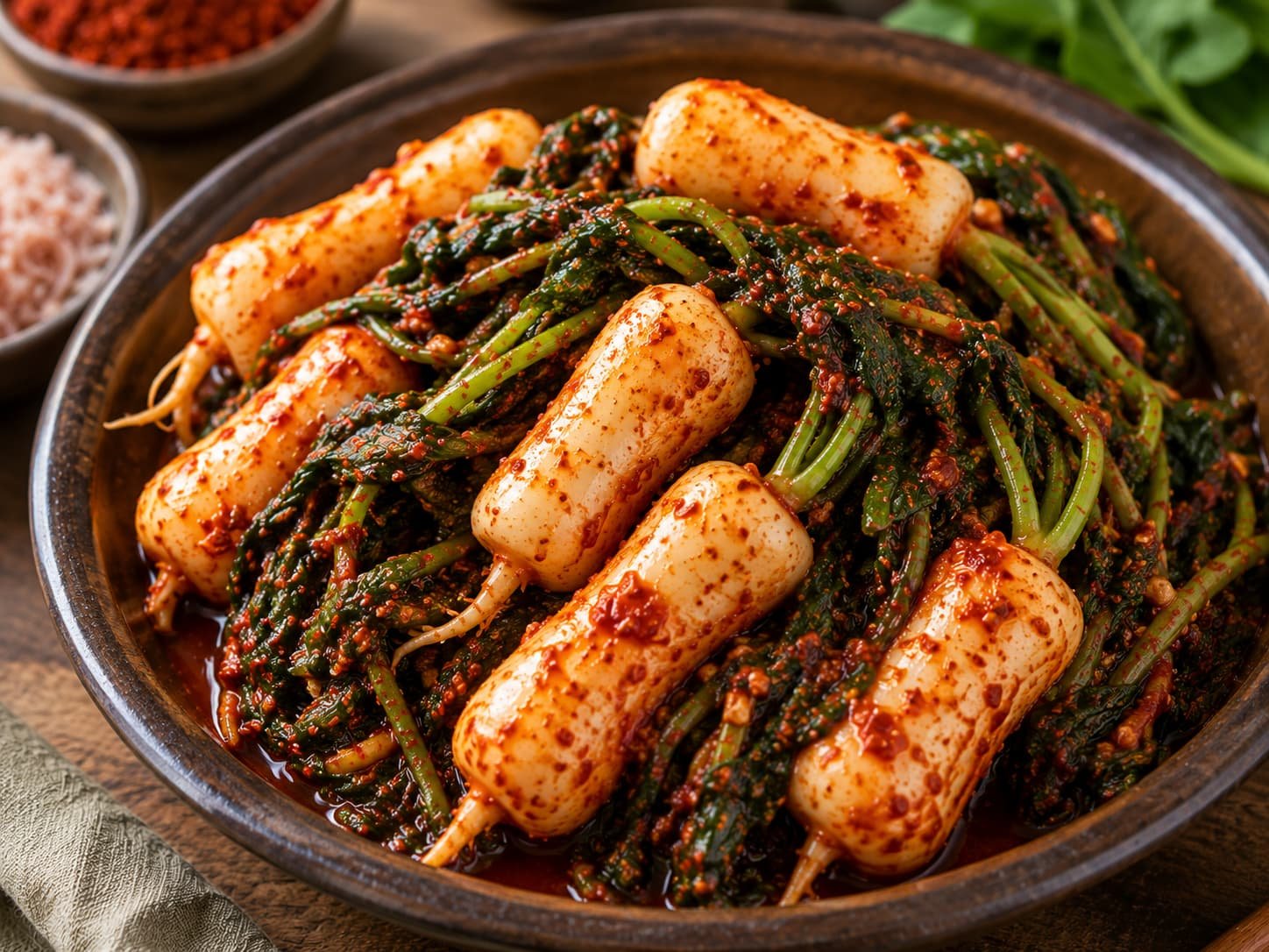 Chonggak kimchi, whole ponytail radishes coated in red chili paste