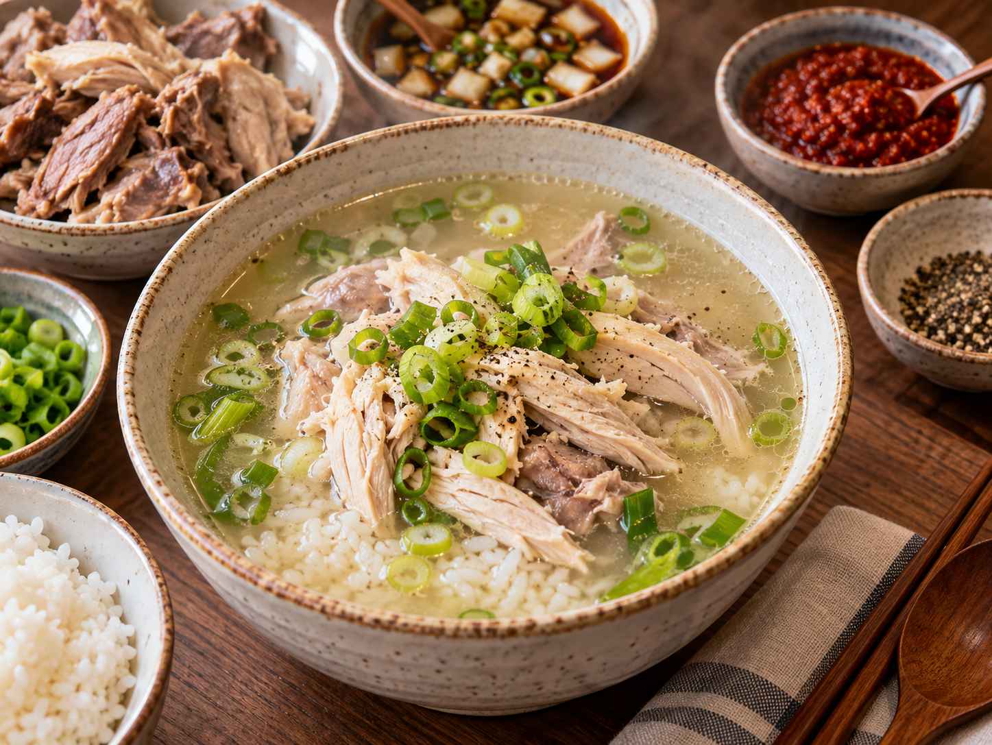Bowl of dakgomtang Korean chicken soup with tender shredded chicken, clear broth, rice, and green onions