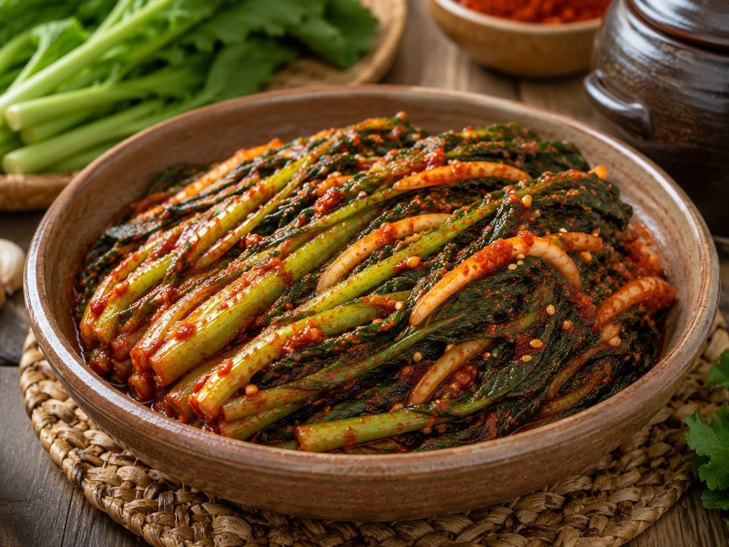 Gat kimchi, Korean mustard greens kimchi in a red gochugaru paste