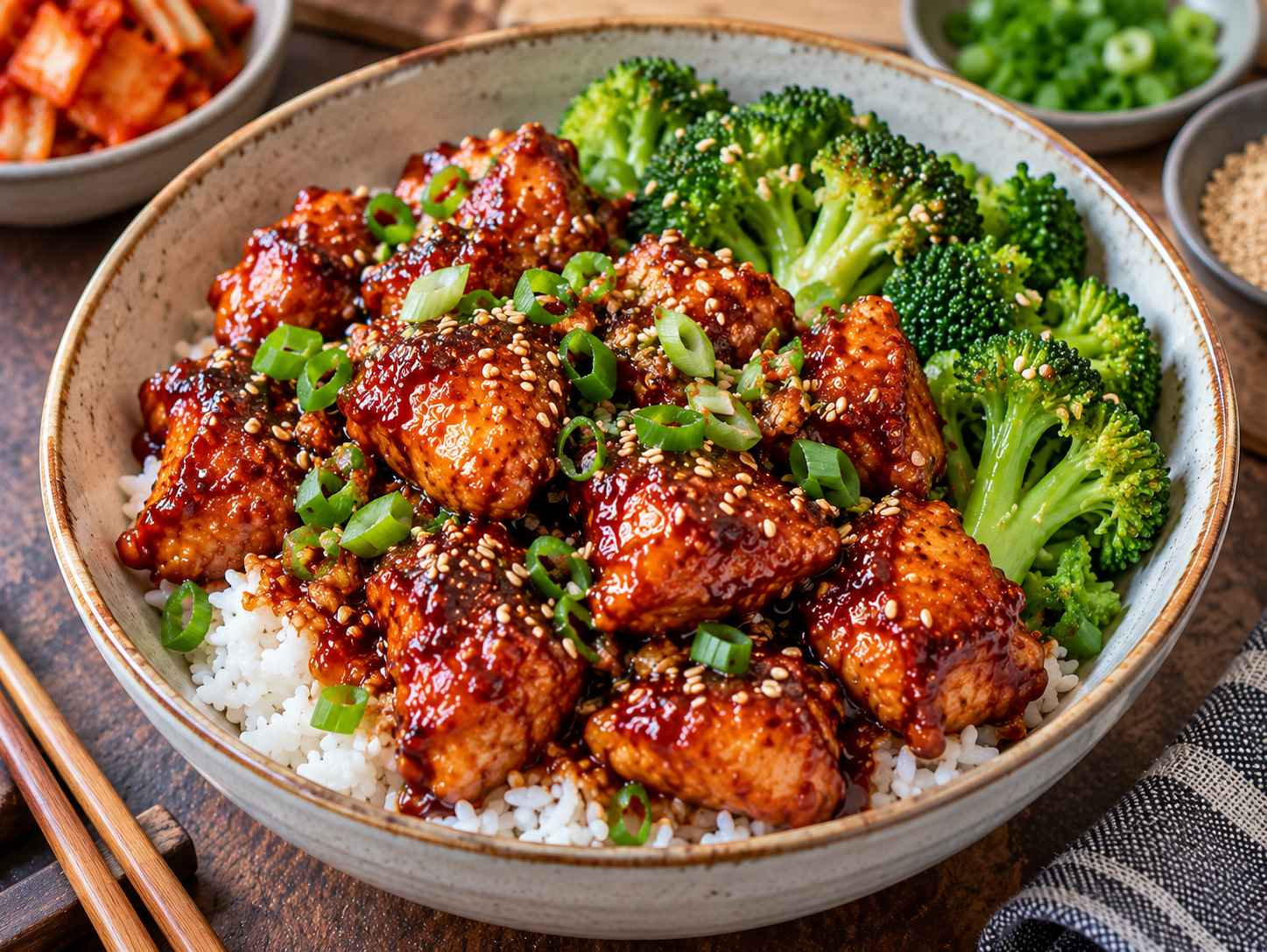Gochujang chicken pieces coated in glossy Korean chili sauce with steamed rice, broccoli, sesame seeds, and green onions