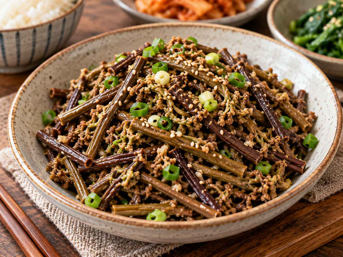 Korean gosari namul seasoned fernbrake with sesame seeds and green onion