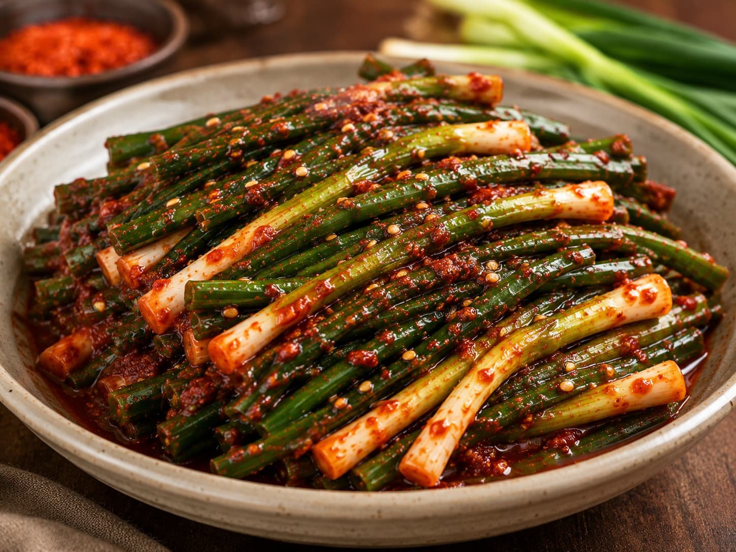 Green onion kimchi (pa kimchi) coated in red gochugaru paste