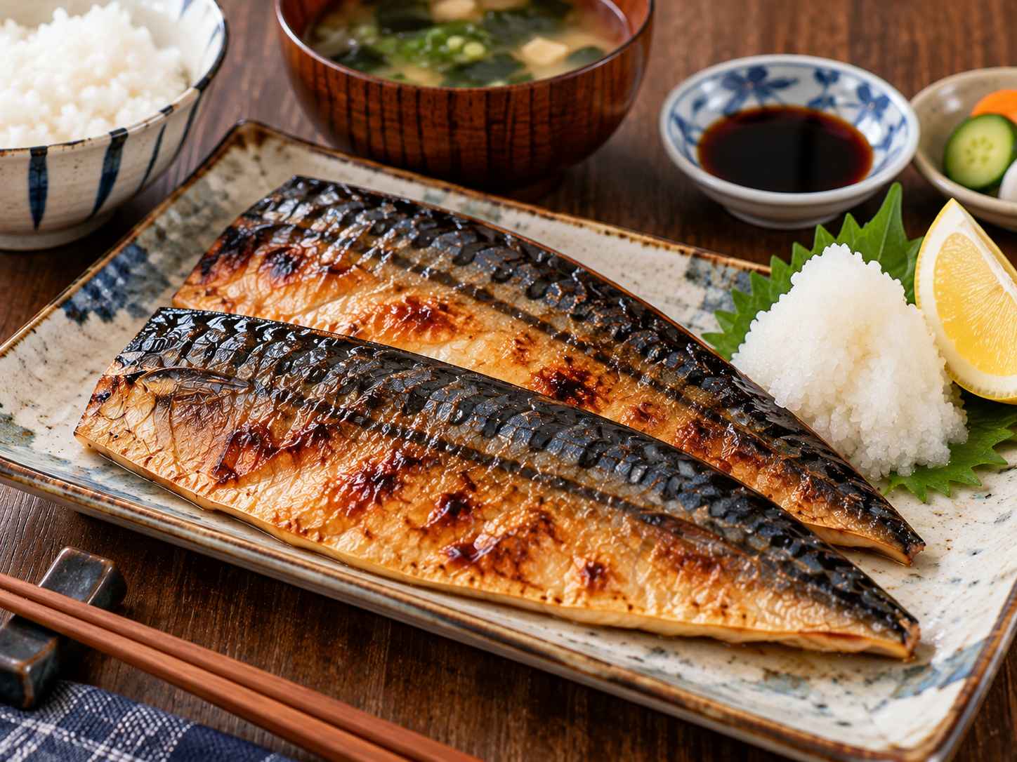 Grilled mackerel saba shioyaki fillets with crispy skin, grated daikon, lemon wedge, and soy sauce