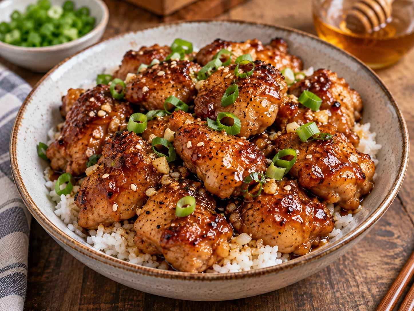 Honey butter chicken thighs coated in glossy honey garlic butter sauce with steamed rice and green onions