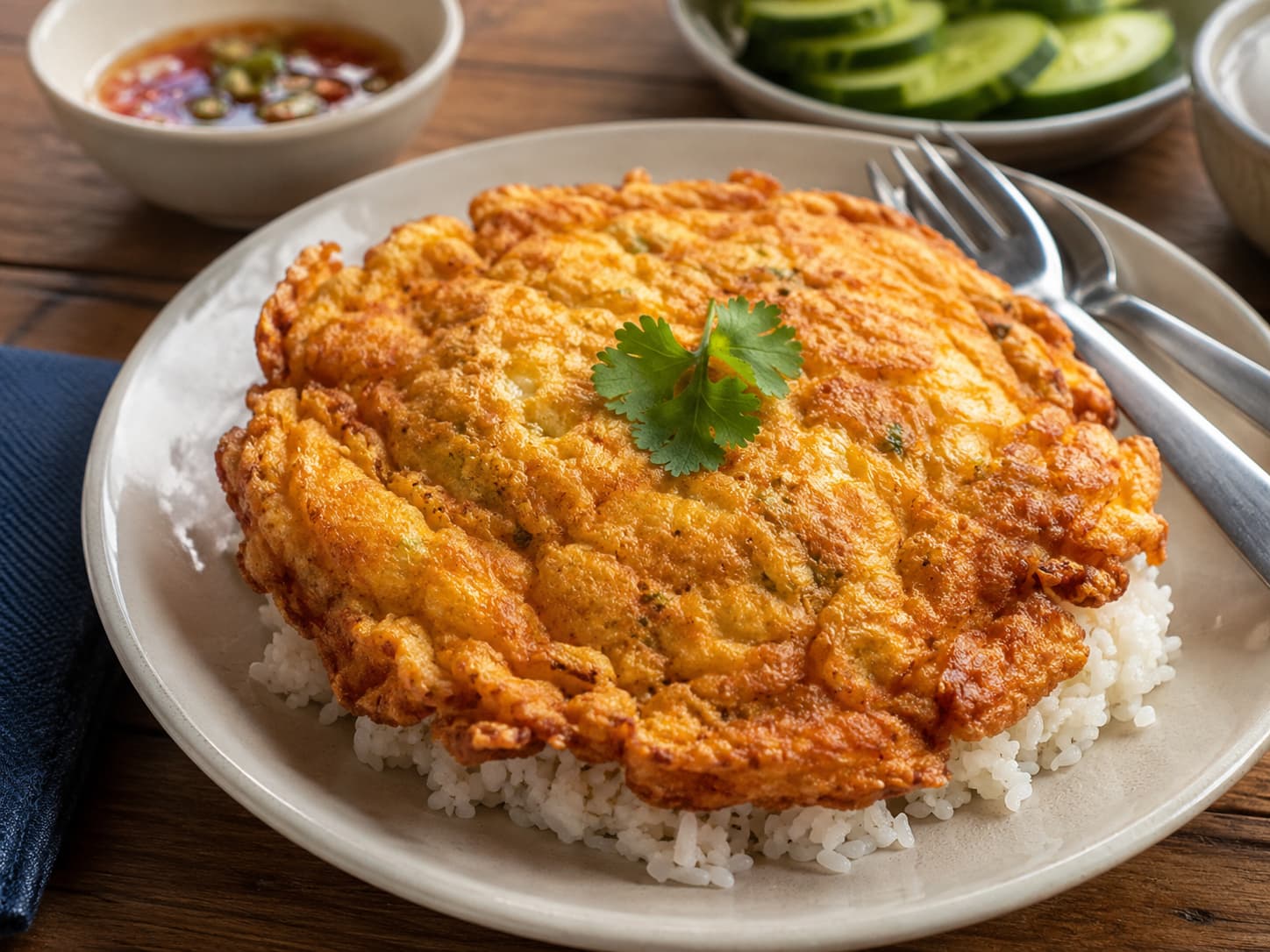 Crispy golden kai jeow Thai omelette served over steamed rice