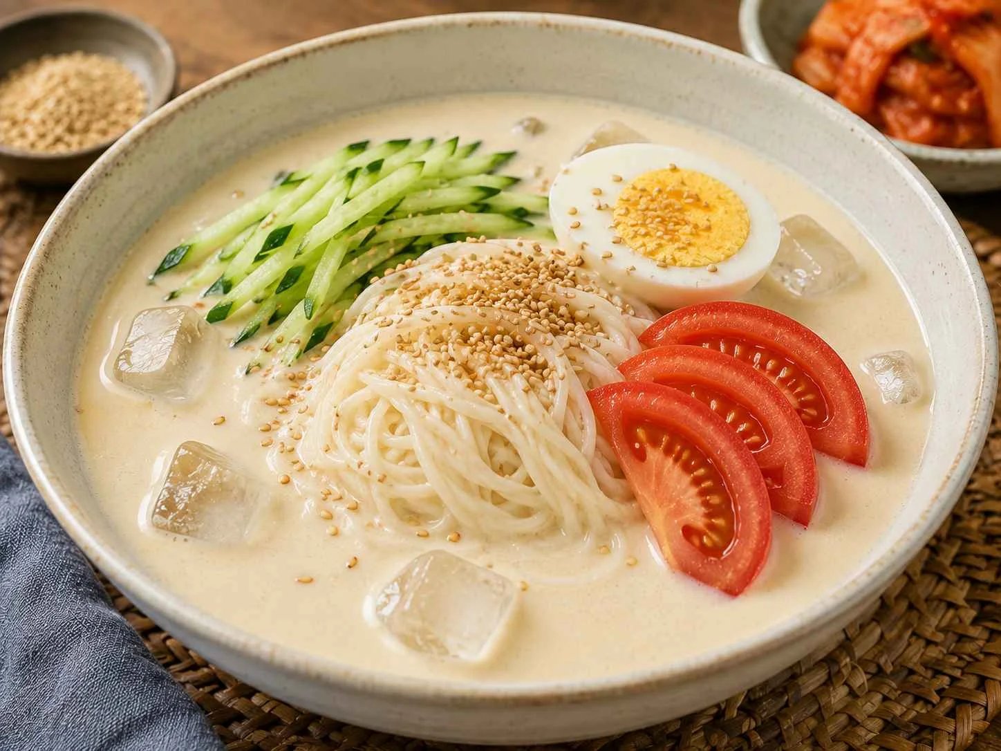 Bowl of kongguksu, Korean cold soy milk noodle soup, topped with cucumber, egg, and tomato