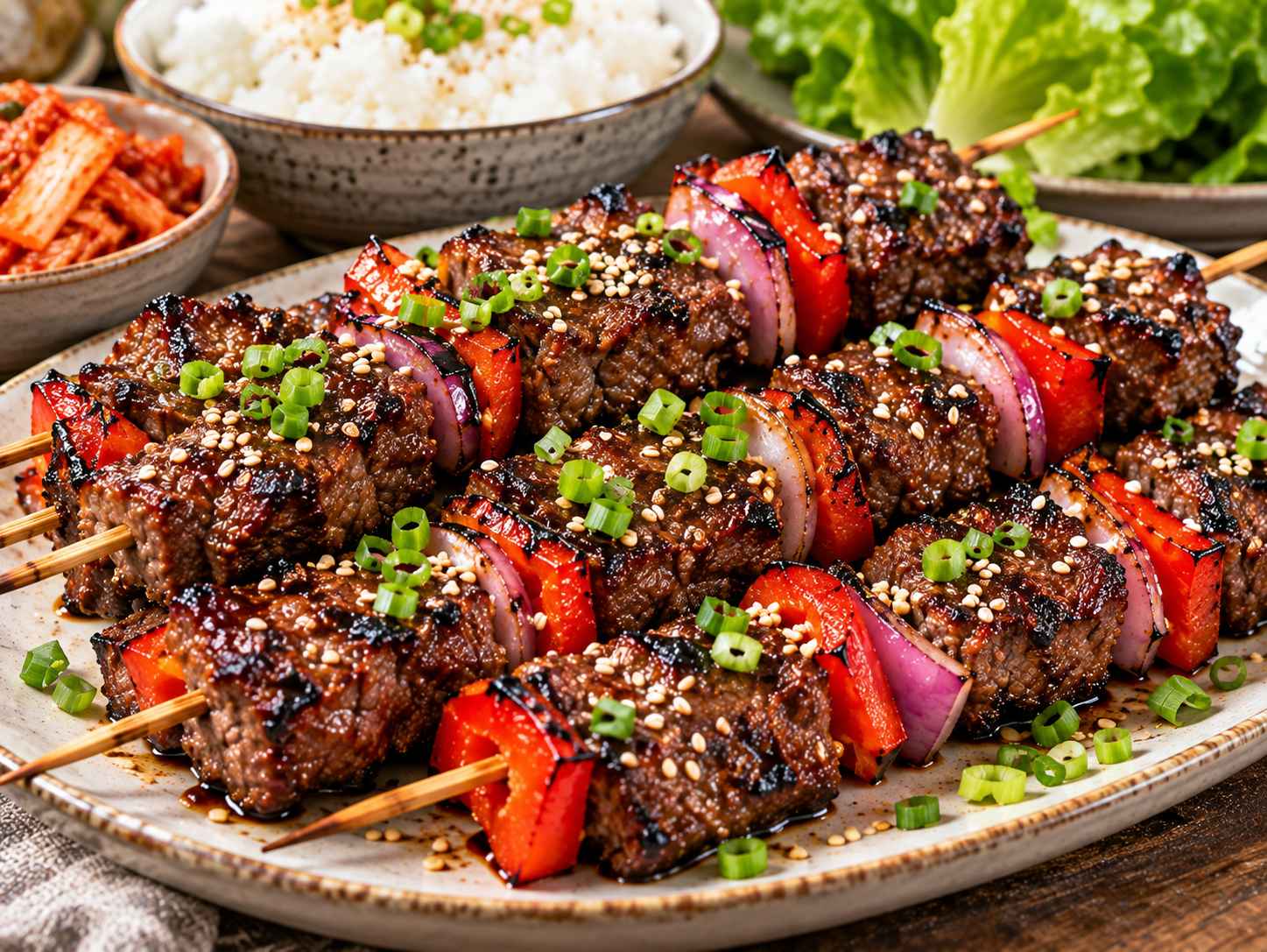 Korean beef skewers with grilled steak, red onion, bell pepper, sesame seeds, and green onions