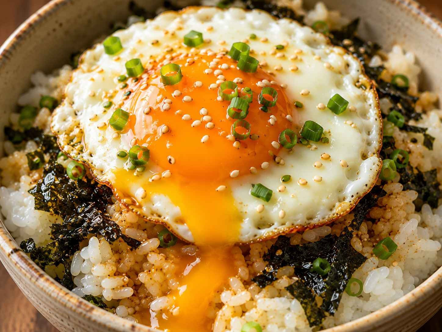 Gyeran bap, Korean egg rice with a fried egg, soy sauce, and seaweed