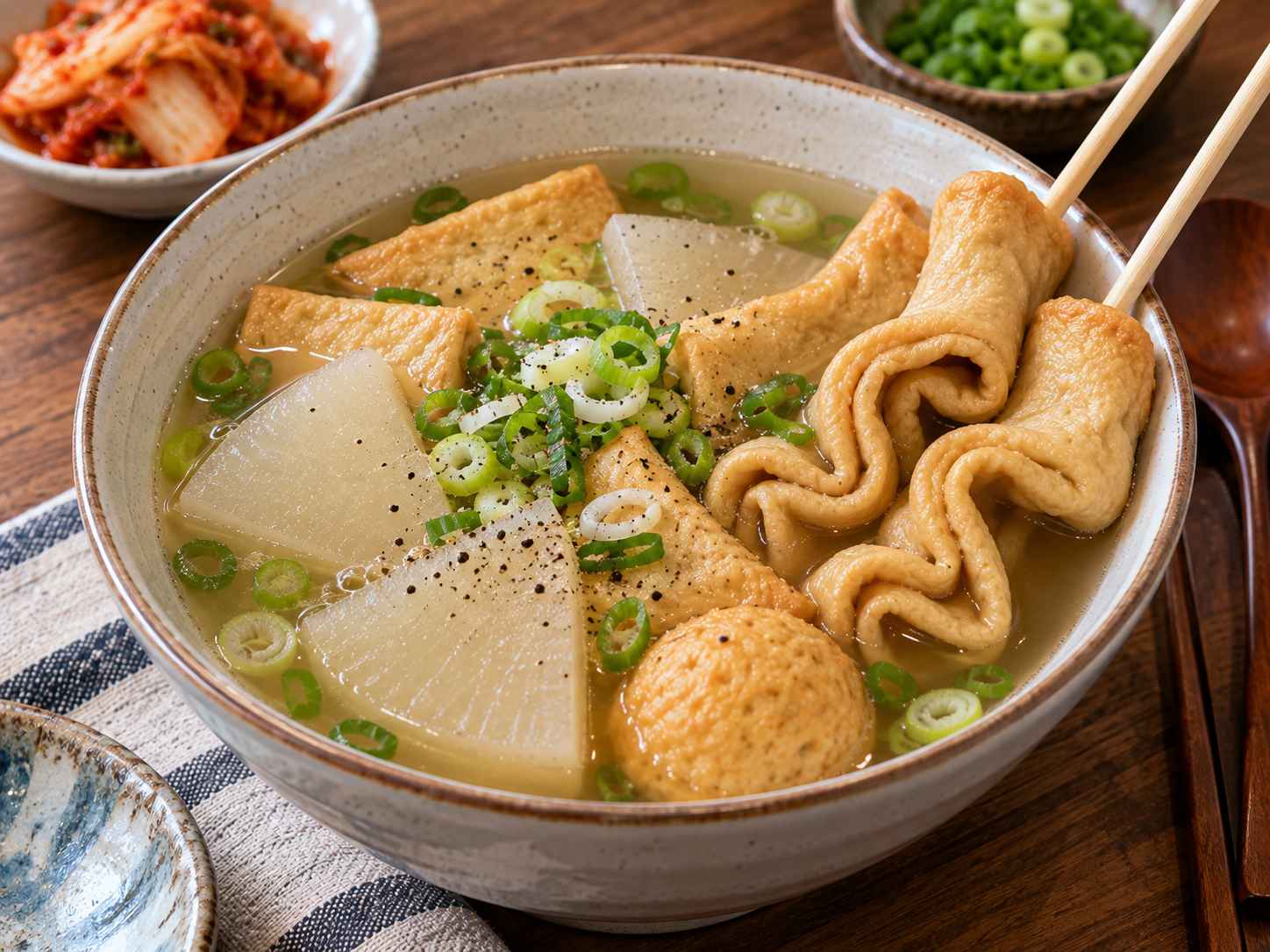 Korean fish cake soup with tender eomuk, Korean radish, green onions, and clear anchovy kelp broth