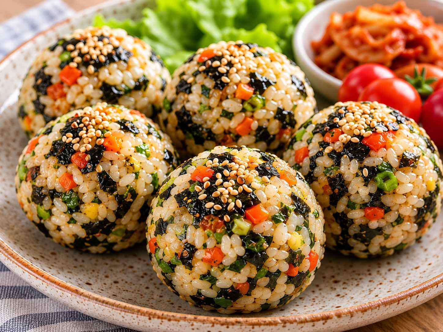 Jumeokbap, Korean hand-pressed rice balls coated in sesame and seaweed