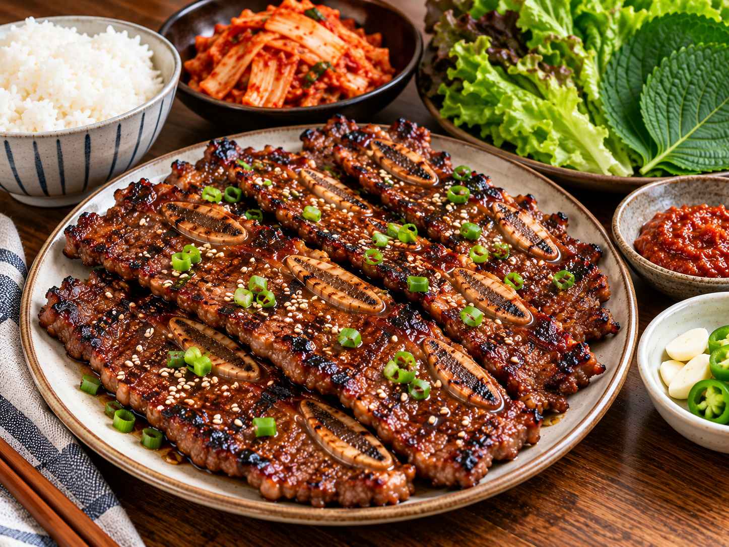 Grilled LA galbi Korean BBQ short ribs with caramelized edges, sesame seeds, green onions, rice, and kimchi