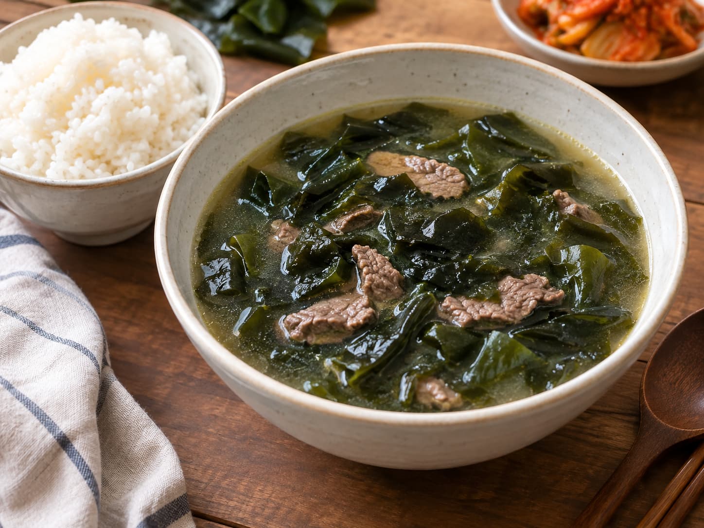 Bowl of miyeokguk Korean seaweed soup with beef and rice