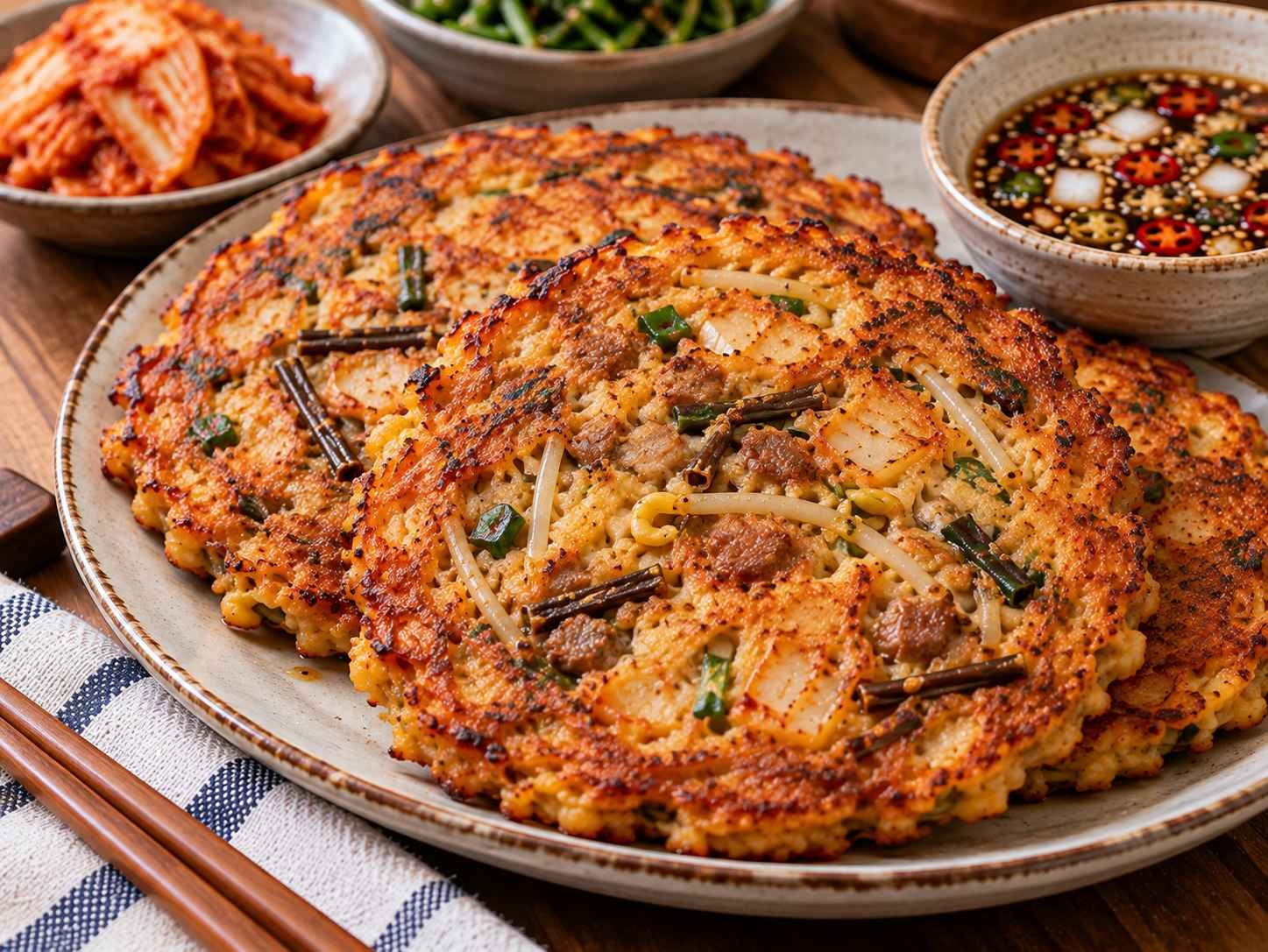 Crispy Korean mung bean pancakes bindaetteok with kimchi, pork, mung bean sprouts, and gosari
