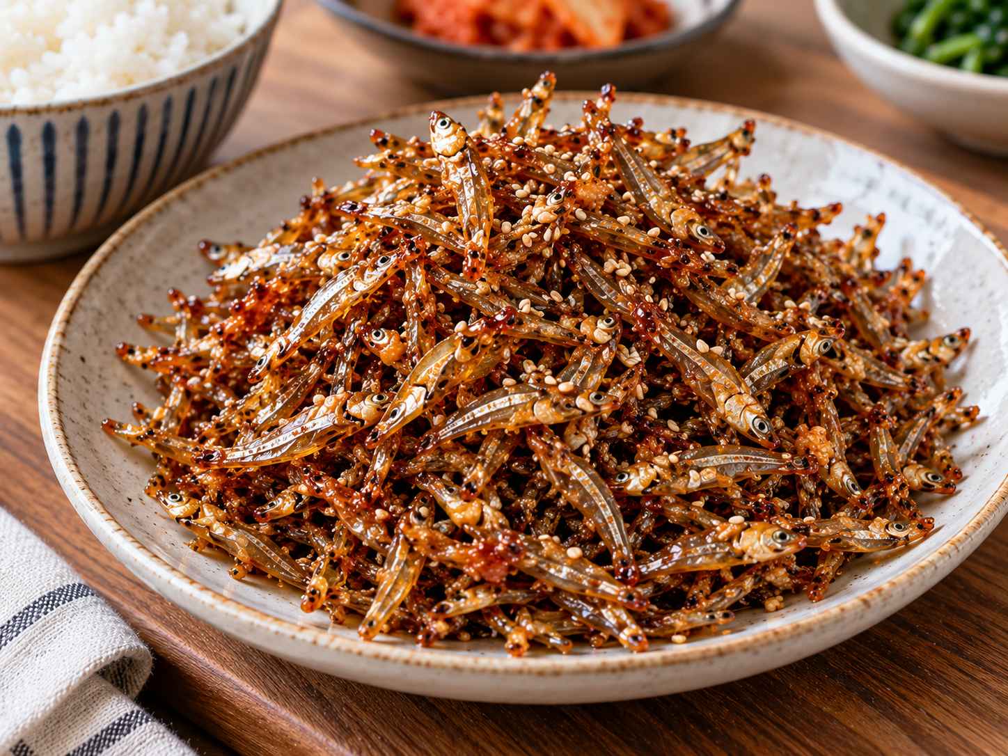 Korean myeolchi bokkeum stir-fried dried anchovies coated in a glossy sweet-savory glaze with sesame seeds
