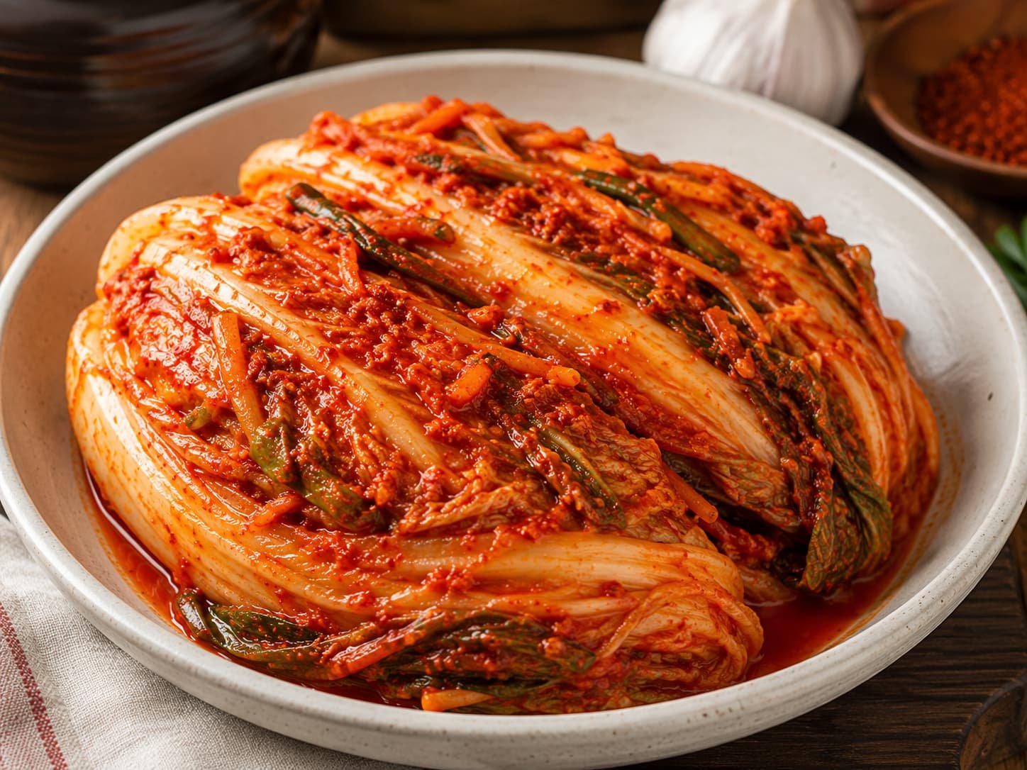 Whole-leaf napa cabbage kimchi coated in red seasoning paste