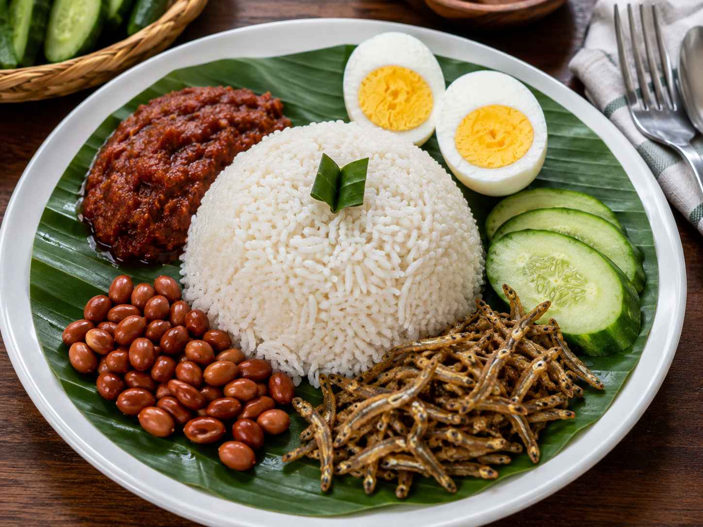 Malaysian nasi lemak with coconut rice, sambal, crispy ikan bilis, peanuts, cucumber and boiled egg