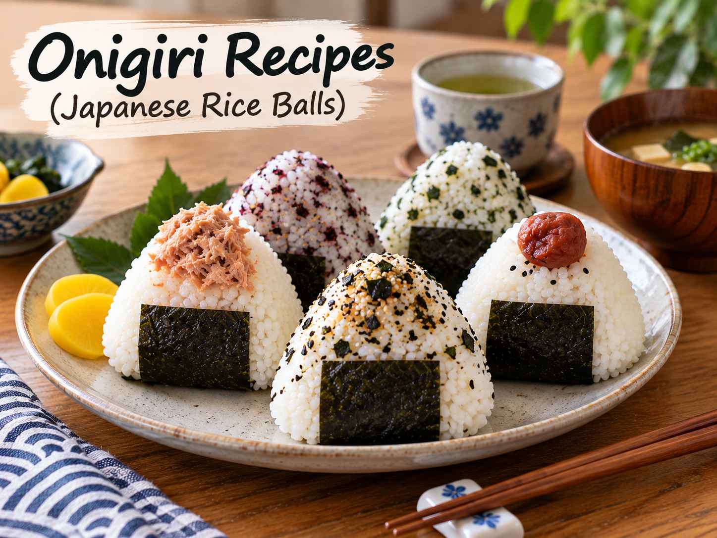 Homemade Japanese onigiri rice balls wrapped in nori and filled with savory Japanese fillings