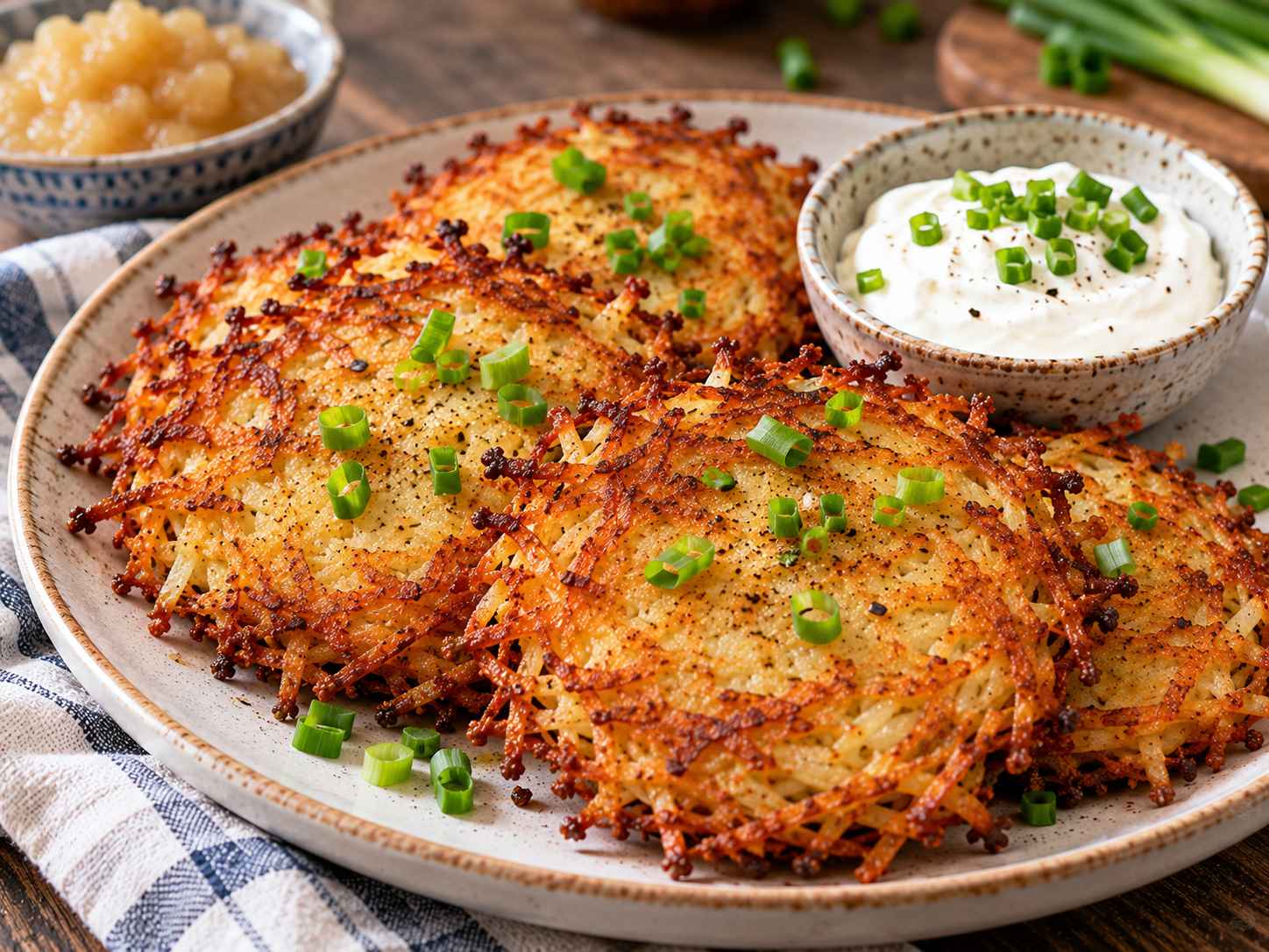 Crispy golden potato pancakes made with grated russet potatoes and onion, served with sour cream and green onions