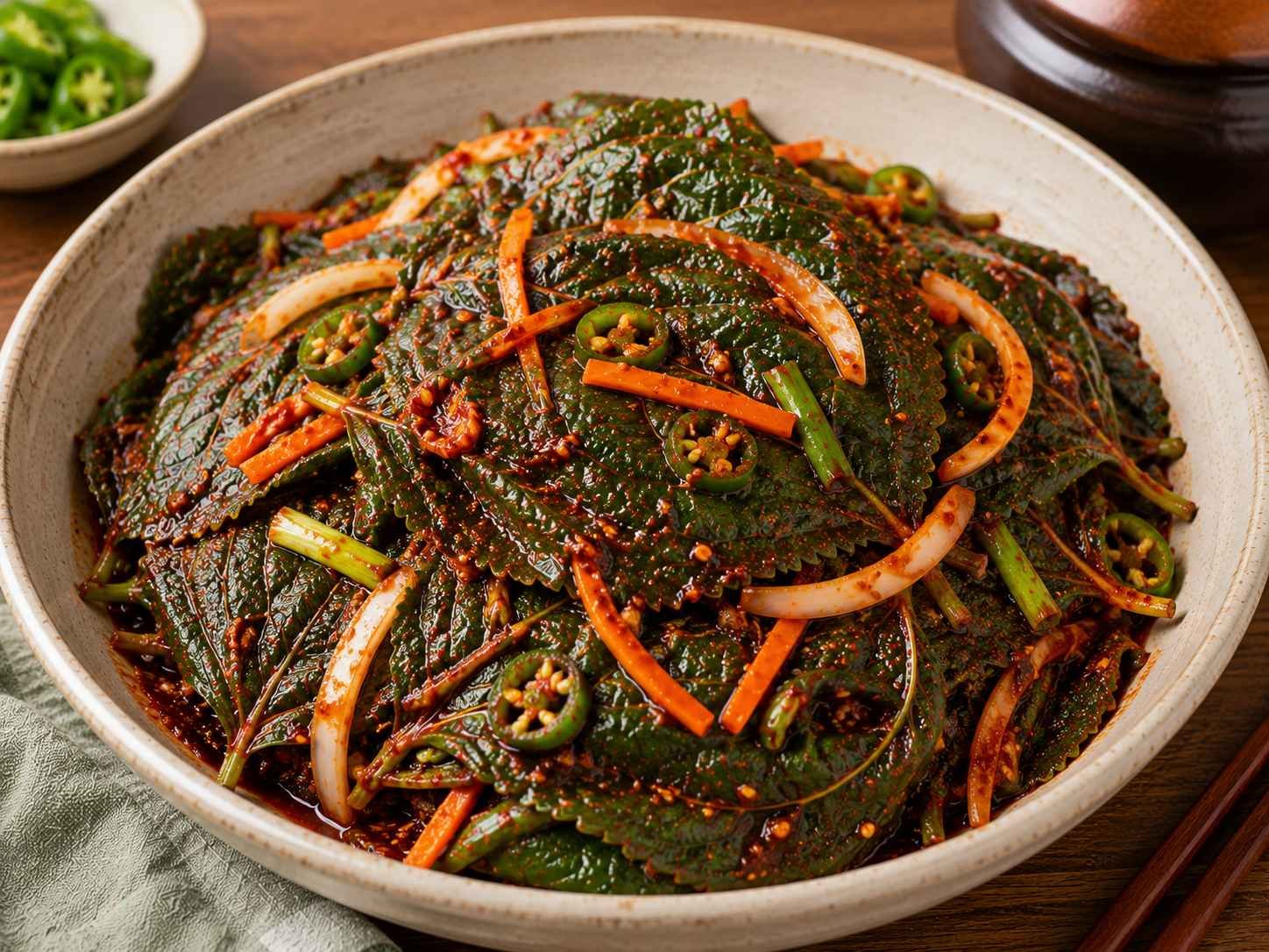 Perilla leaf kimchi (kkaennip kimchi), leaves marinated in soy-gochugaru sauce