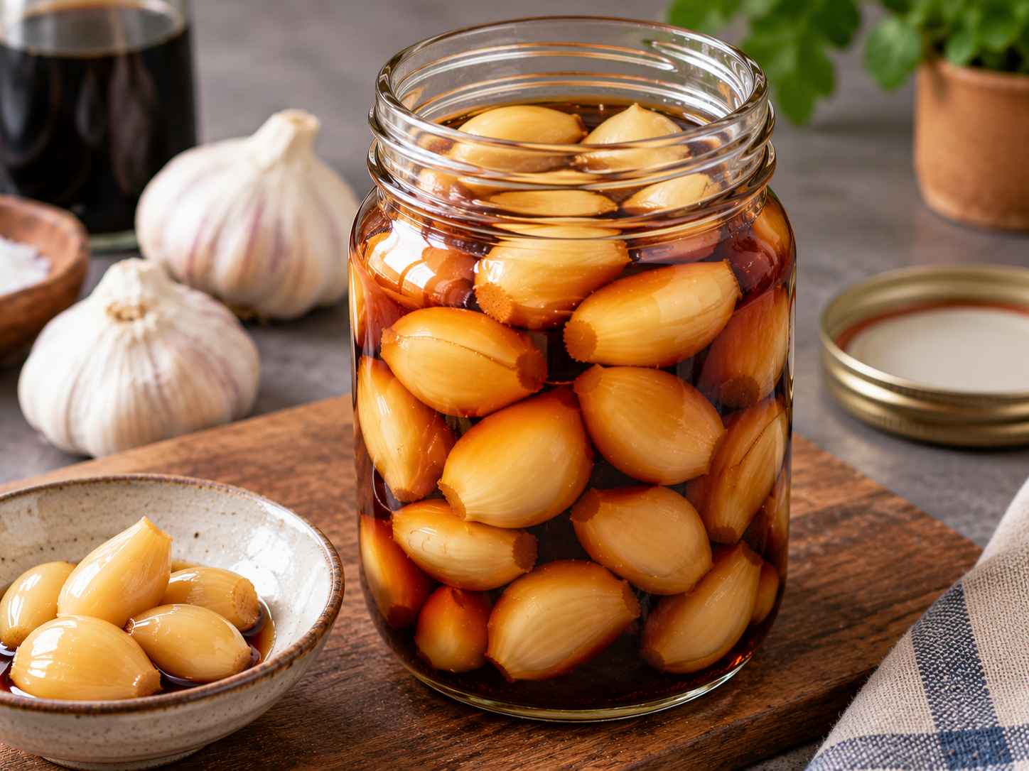 Korean pickled garlic (maneul jangajji) cloves in a glass jar with soy-vinegar brine