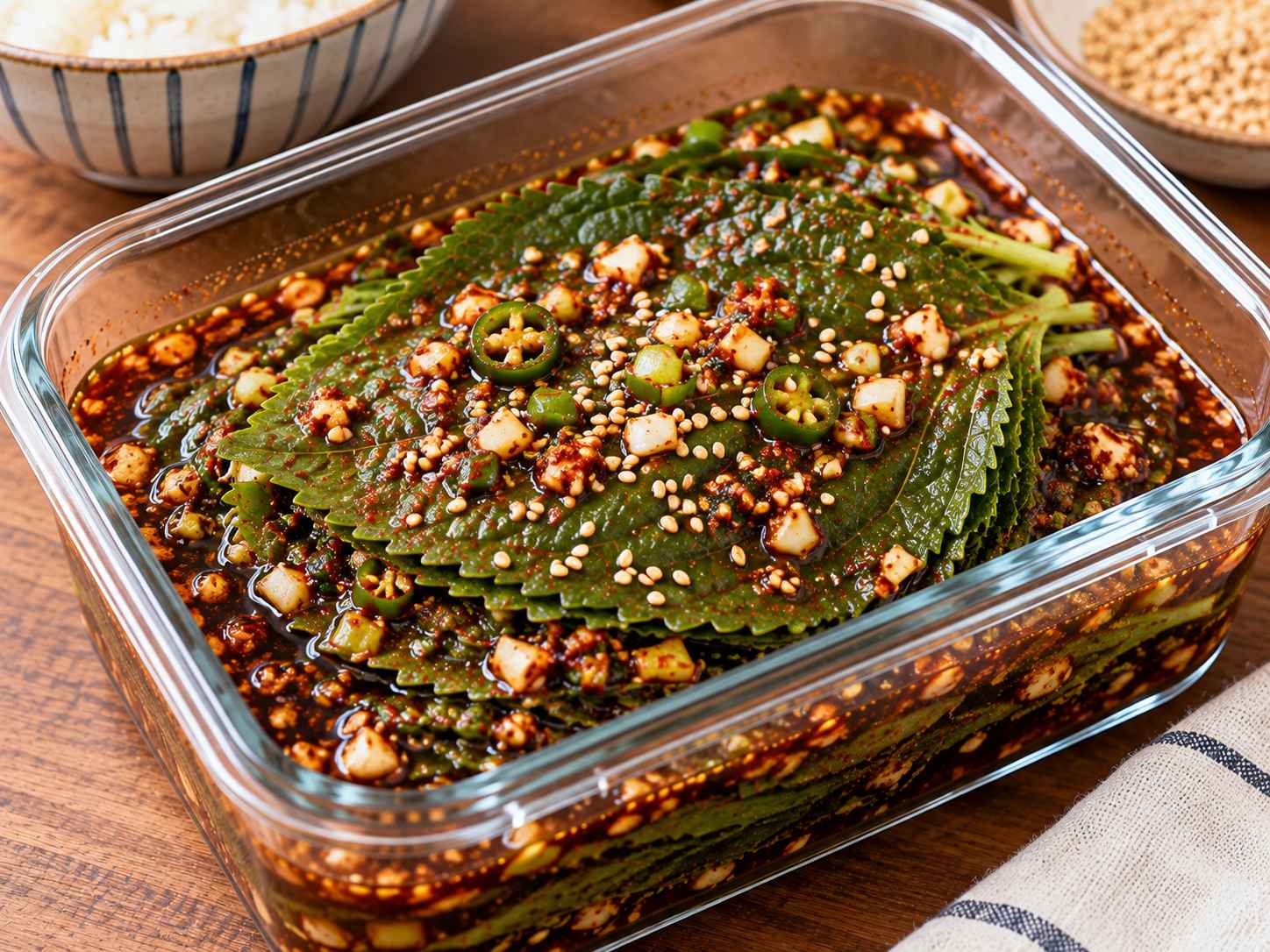 Korean pickled perilla leaves kkaennip jangajji layered in soy marinade with garlic and sesame seeds