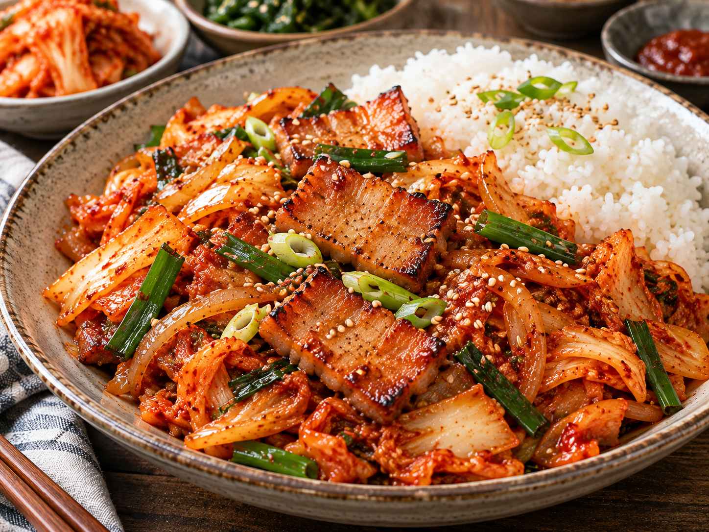 Korean pork kimchi stir fry with crispy pork belly, fermented kimchi, green onions, sesame seeds, and steamed rice