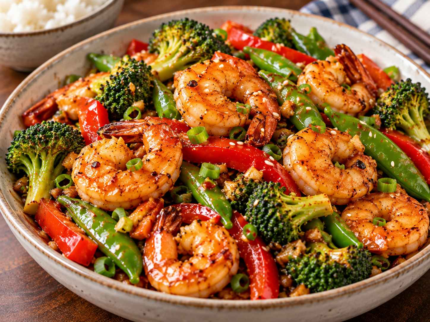 Shrimp stir fry with juicy shrimp, broccoli, red bell pepper, sugar snap peas, and glossy soy-lime sauce