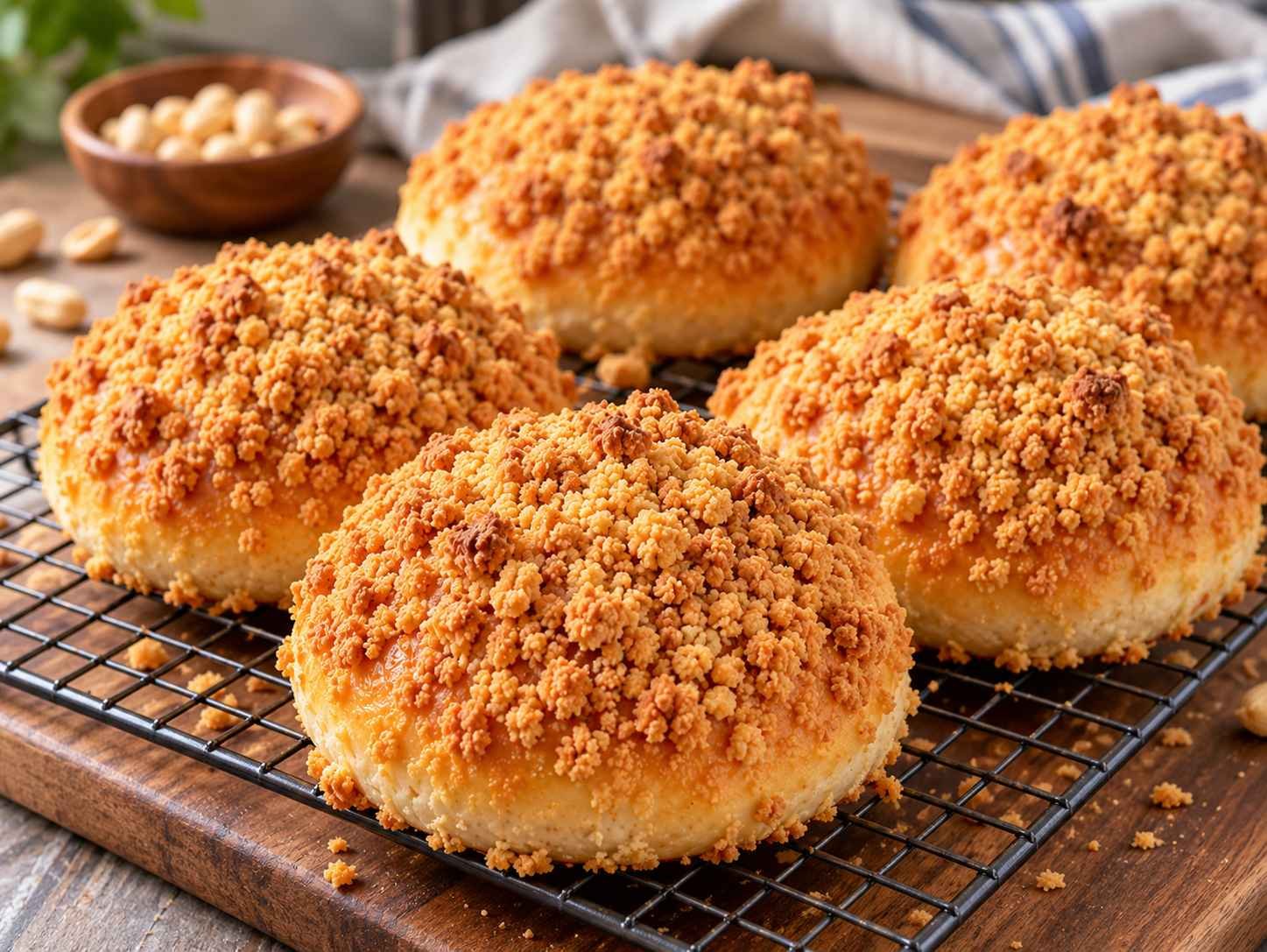 Korean soboro bread with soft golden buns covered in crunchy peanut streusel topping