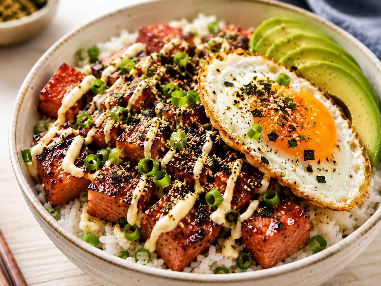 Spam musubi bowl with glazed spam, rice, fried egg, and furikake