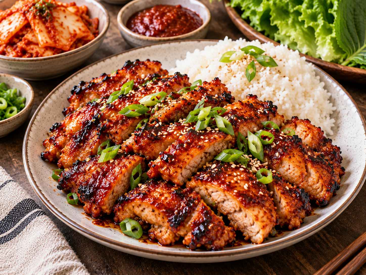 Spicy chicken bulgogi with charred gochujang-glazed chicken thighs, sesame seeds, green onions, and steamed rice