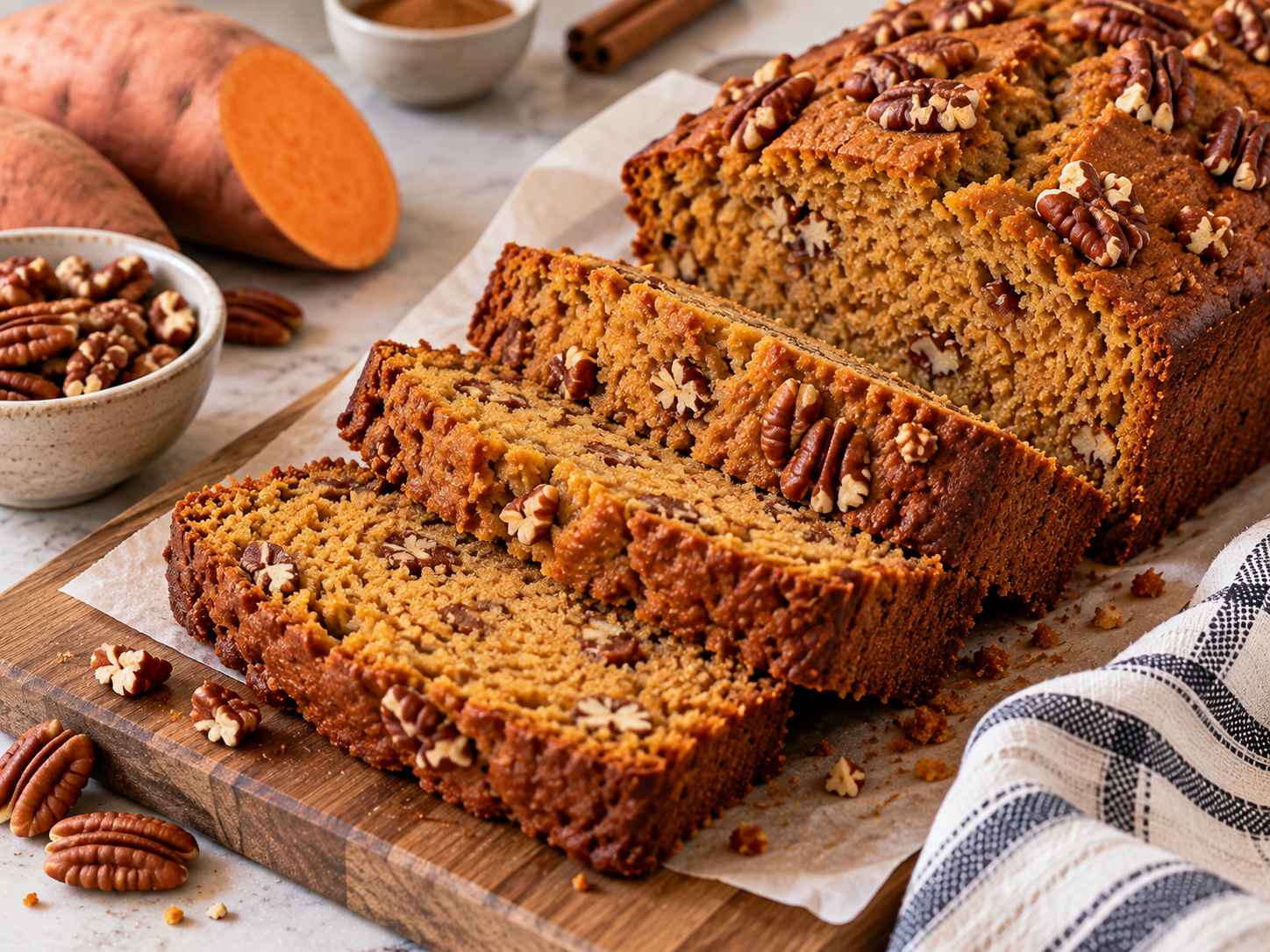 Sliced sweet potato bread with pecans and warm cinnamon-nutmeg crumb