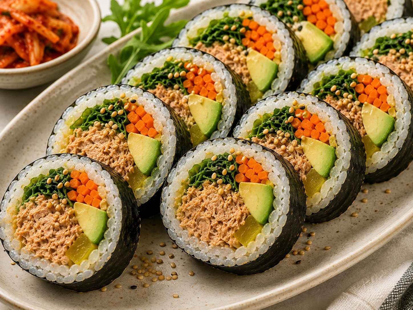 Sliced tuna kimbap showing rice, seaweed, tuna mayo, and vegetables