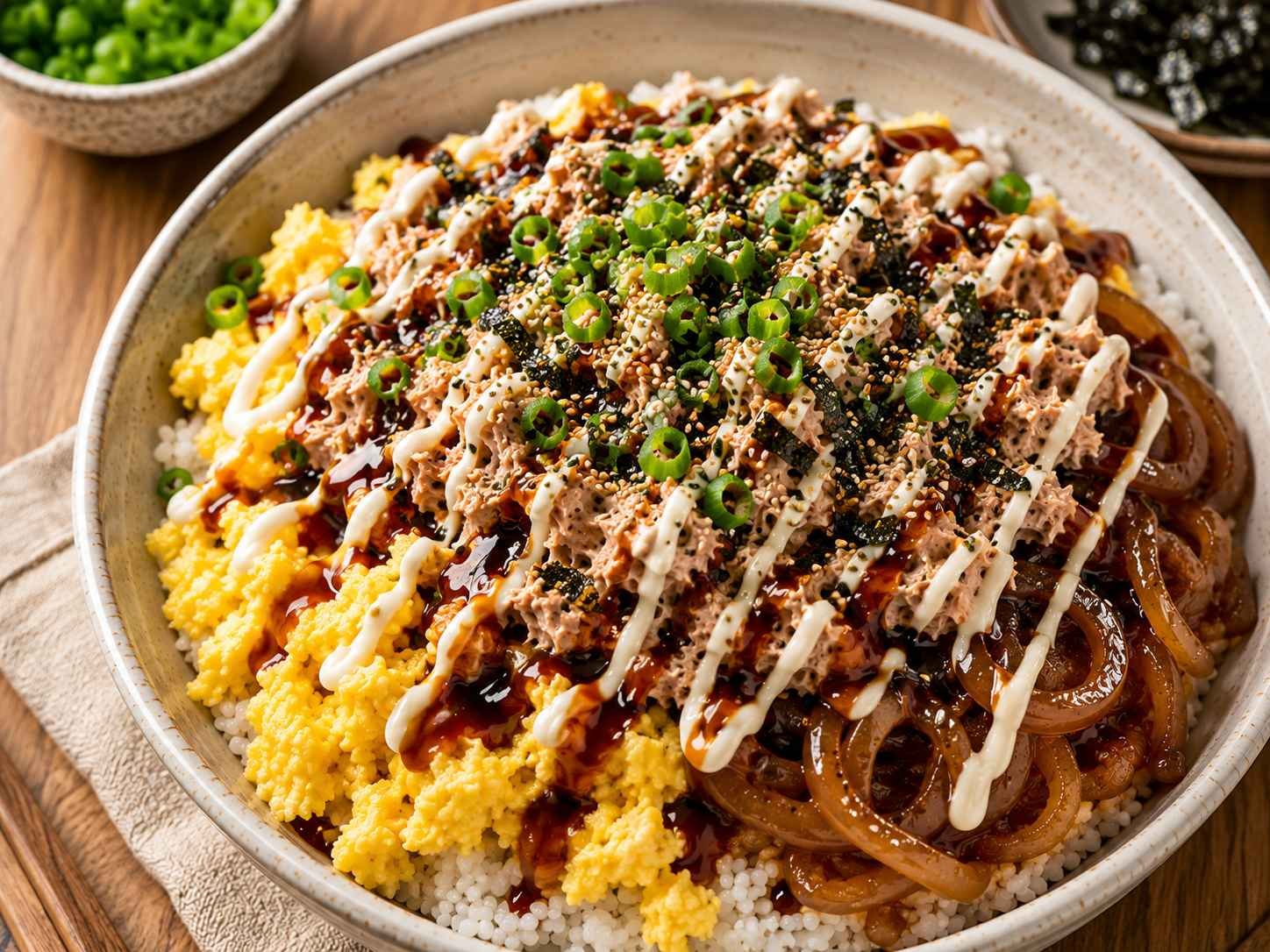 Tuna mayo rice bowl with scrambled egg, onion relish, and nori