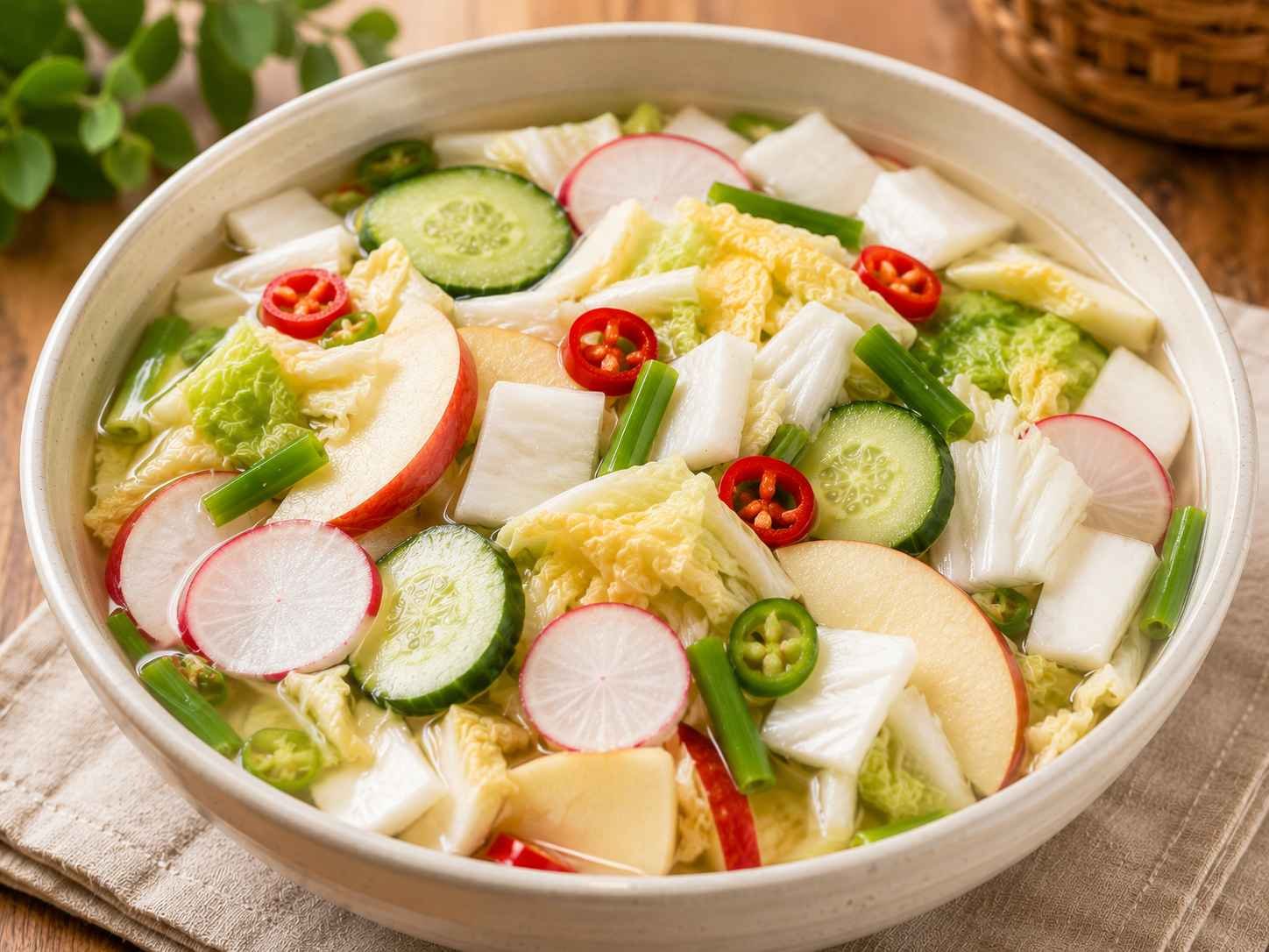 Water kimchi (nabak kimchi), radish and cabbage in a pink brine