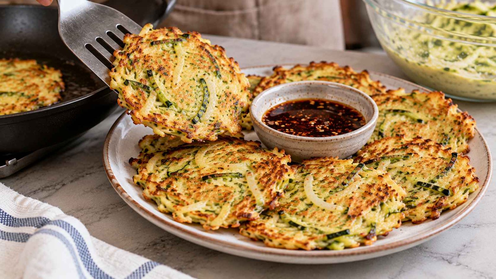 Korean zucchini pancakes hobak buchim with golden crisp edges, sliced zucchini and onion, served with soy dipping sauce